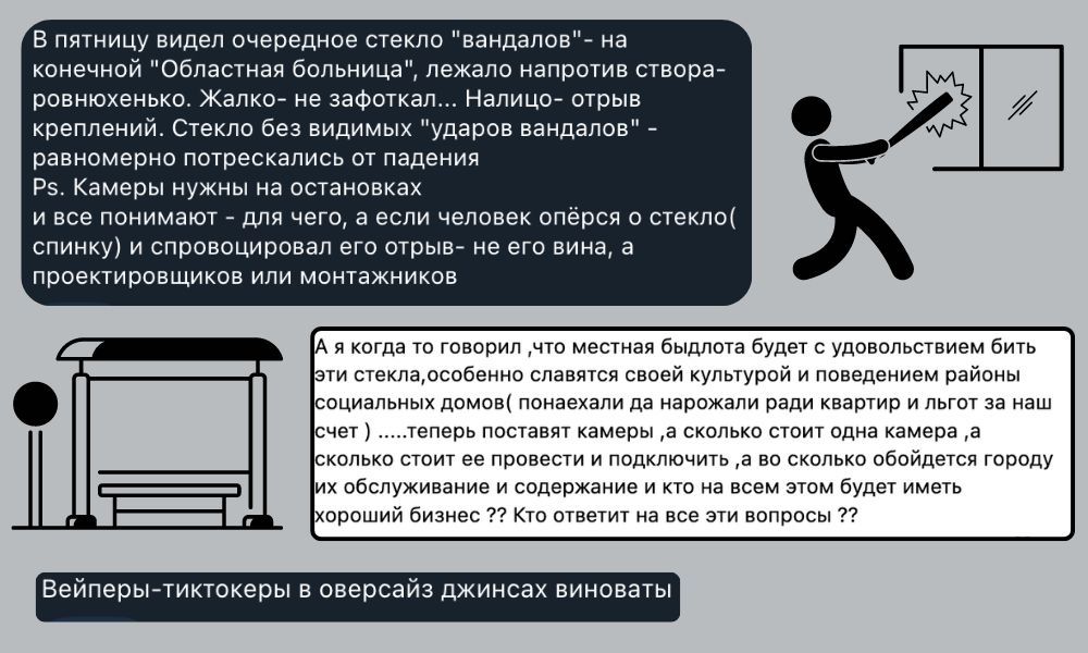 Комментарии брестчан в одном из местных телеграм-чатов по поводу вандалов, повреждающих остановки. Инфографика: BGmedia.