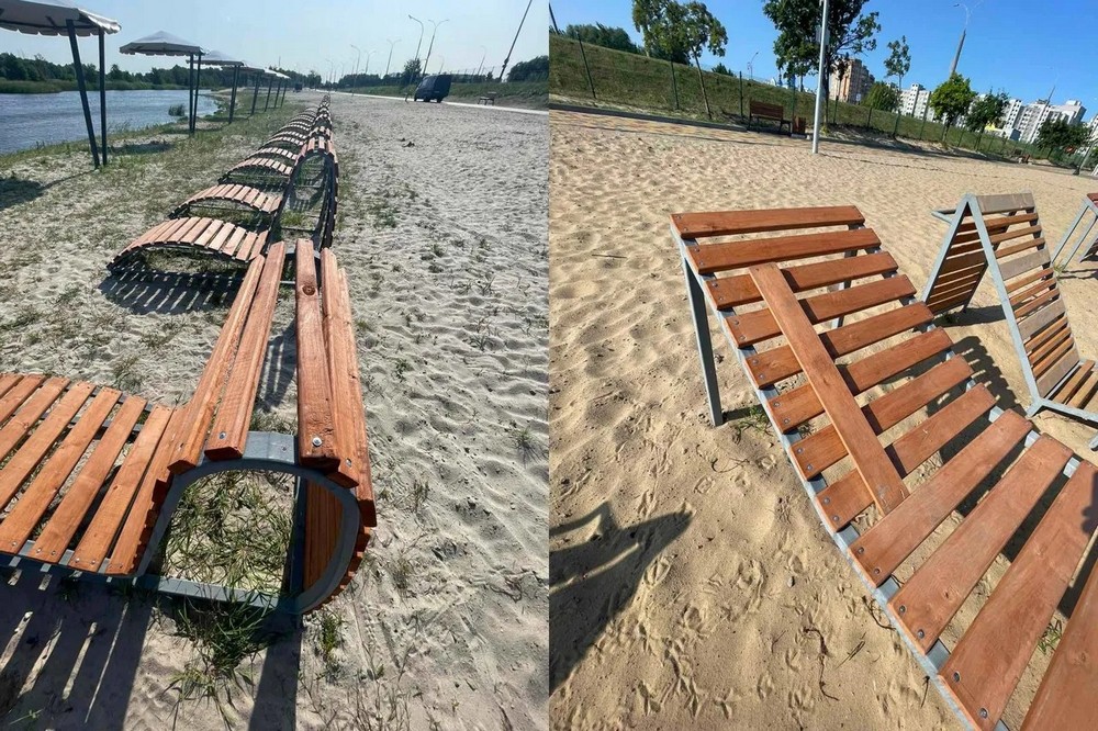 Поврежденные лежаки на территории Гребного канала в Бресте. Коллаж из фото Брестского горисполкома